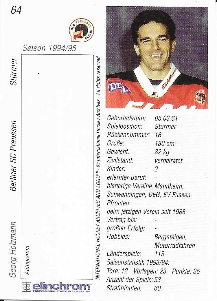 1994-1995 Playerkarte Berliner SC Preussen #64 Georg Holzmann