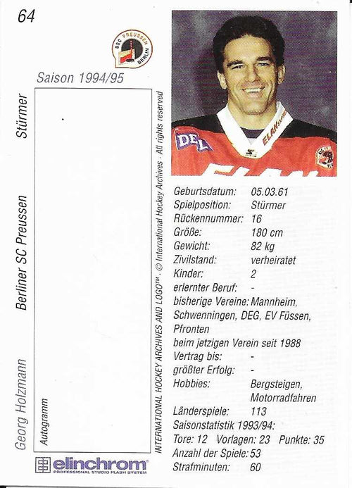 1994-1995 Playerkarte Berliner SC Preussen #64 Georg Holzmann