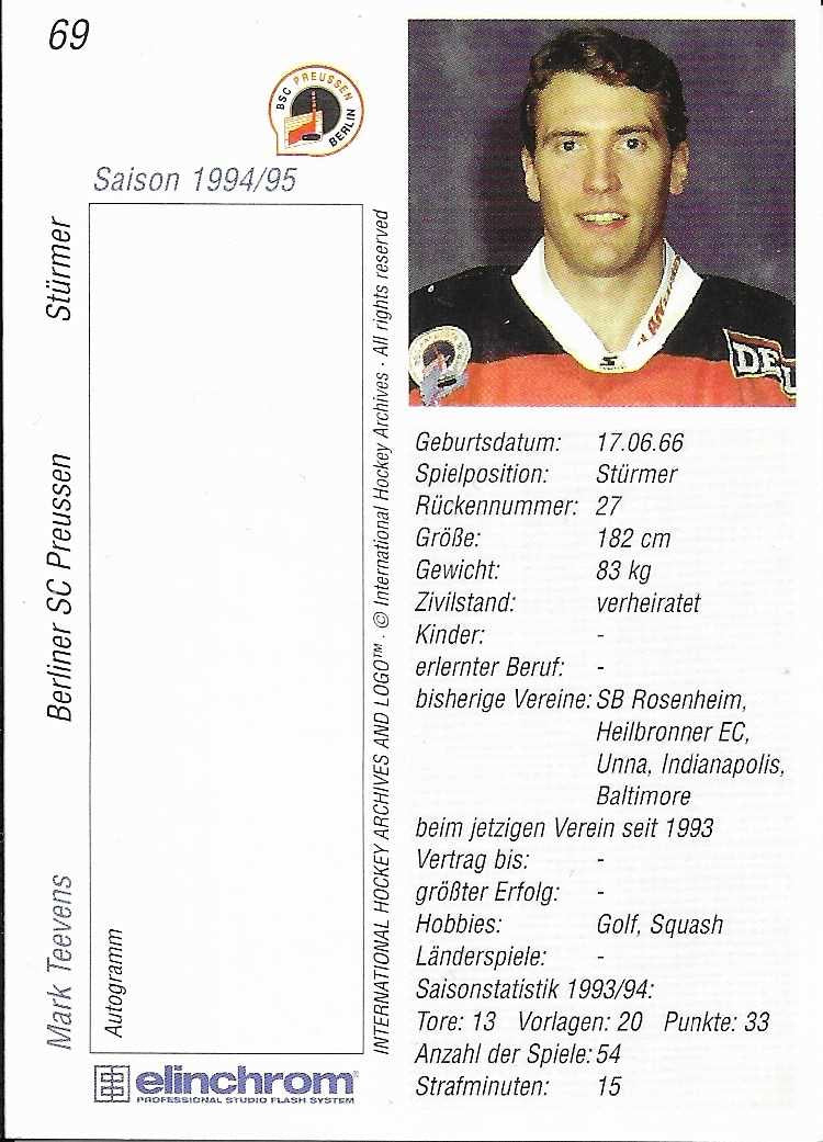 1994-1995 Playerkarte Berliner SC Preussen #69 Mark Teevens