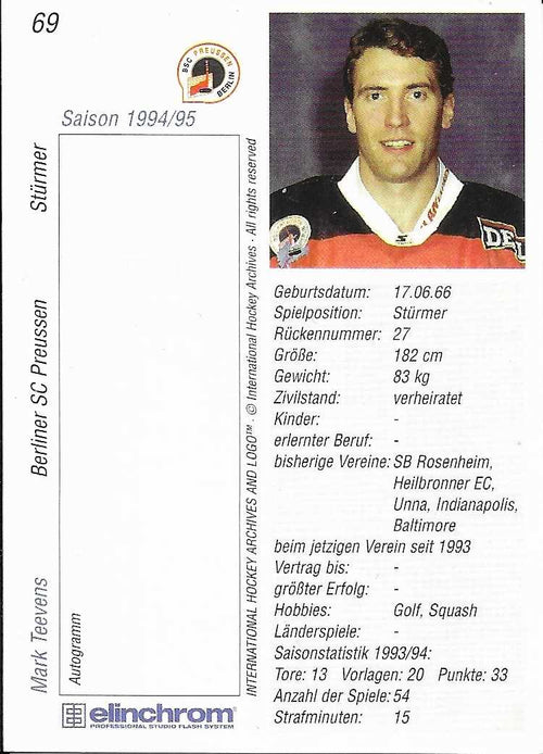 1994-1995 Playerkarte Berliner SC Preussen #69 Mark Teevens