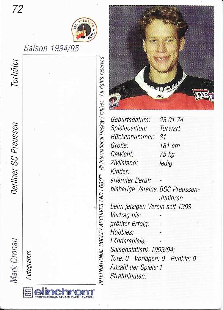 1994-1995 Playerkarte Berliner SC Preussen #72 Mark Gronau