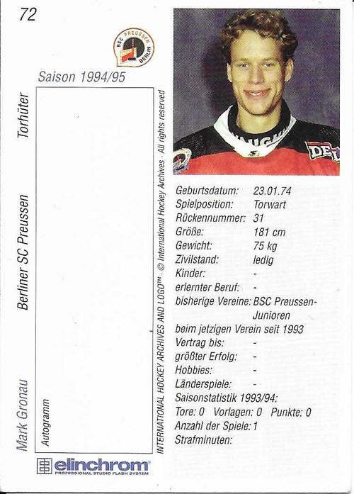 1994-1995 Playerkarte Berliner SC Preussen #72 Mark Gronau