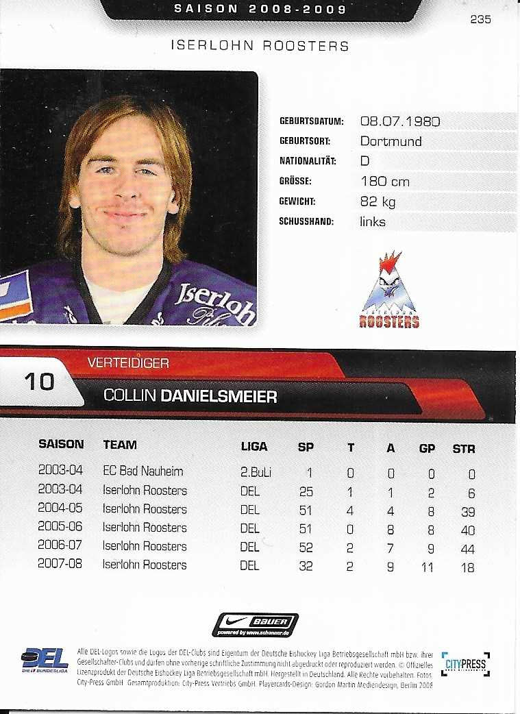 DEL Playerkarte Collin Danielsmeier – Iserlohn Roosters 2008/2009