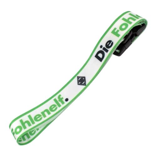 Offizielles Borussia Mönchengladbach Kofferband in Grün-Weiß mit „Die Fohlenelf“ Schriftzug und Raute-Vereinslogo.
