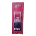 Offizielles FC Bayern München Kofferband in Rot-Blau mit Vereinswappen und „FC Bayern“ Schriftzug in der Originalverpackung.
