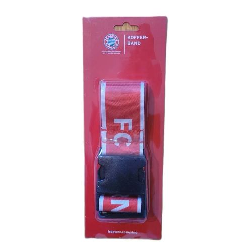 Offizielles FC Bayern München Kofferband in Rot-Blau mit Vereinswappen und „FC Bayern“ Schriftzug in der Originalverpackung.
