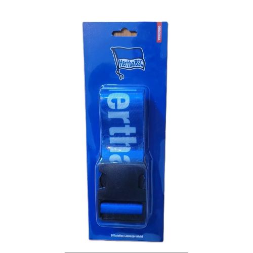 Offizielles Hertha BSC Kofferband in Blau mit Vereinslogo und „Hertha BSC“ Schriftzug in der Originalverpackung.
