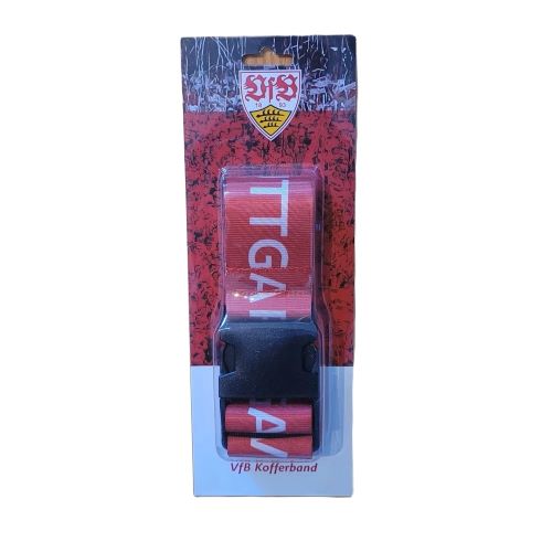 Offizielles VfB Stuttgart Kofferband in Schwarz-Rot mit Vereinswappen und „Stuttgart“ Schriftzug in der Originalverpackung.
