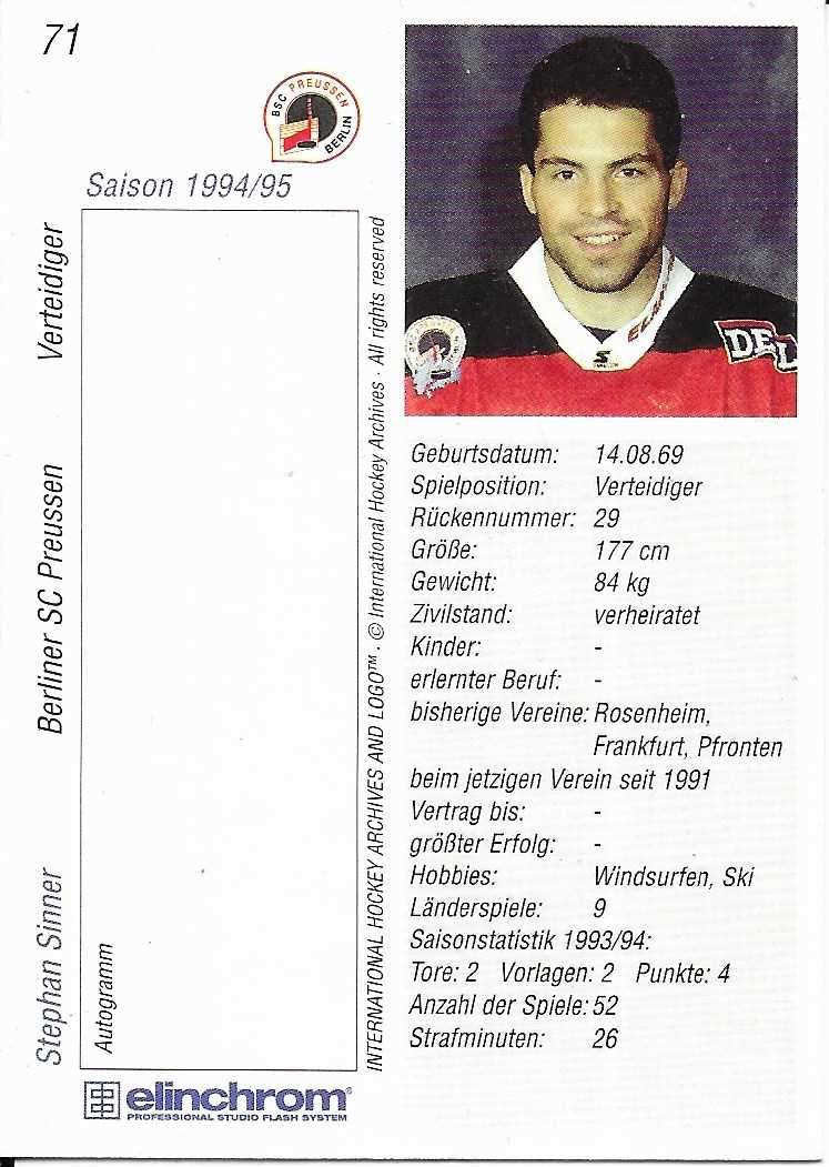 Playerkarte 1994/1995 Stephan Sinner – BSC Preussen Berlin #71