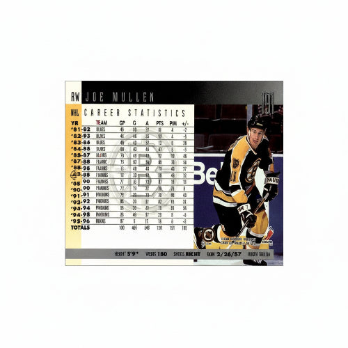 Rückseite der 1996-97 Donruss Eishockey-Sammelkarte (#191) von Joe Mullen mit Statistiken und Spielerinformationen der Boston Bruins.