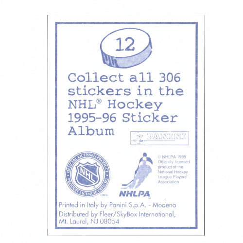 Rückseite des NHL Hockey 1995-96 Panini Sammelstickers Nummer 12 mit Logo der NHLPA und Lizenz-Informationen.
