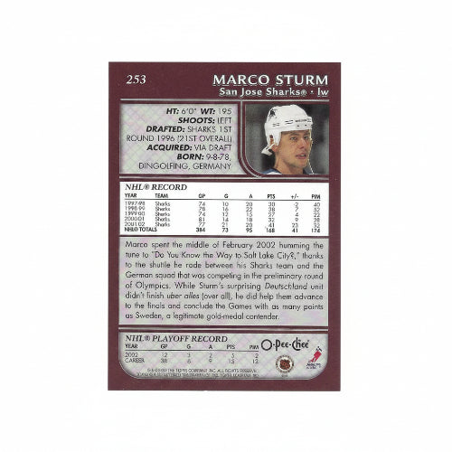 Rückseite der O-Pee-Chee NHL Eishockey Sammelkarte #253 von Marco Sturm mit vollständigen Statistiken und NHL Playoff Records.
