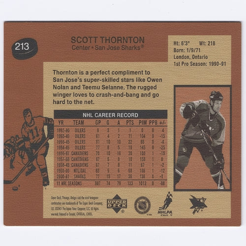 Rückseite der Upper Deck Vintage NHL Eishockey Sammelkarte #213 von Scott Thornton mit NHL-Karrieredaten und Statistiken im Retro-Look.
