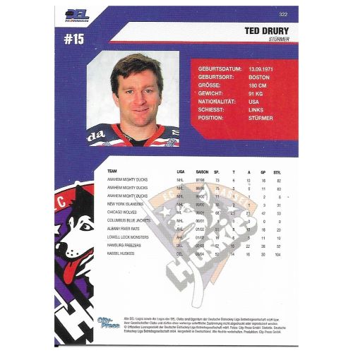 Rückseite der Ted Drury Eishockey-Sammelkarte mit Spielerdaten und Statistiken der Kassel Huskies.