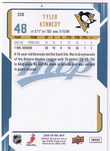 Rückseite der 2008/2009 Upper Deck MVP #238 Tyler Kennedy NHL Eishockey Sammelkarte