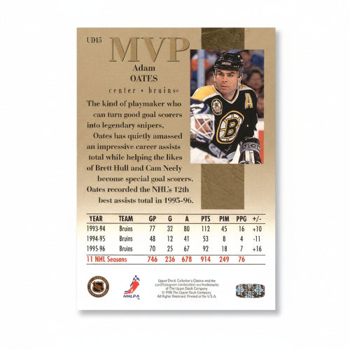 Rückseite der Upper Deck NHL MVP Sammelkarte von Adam Oates Boston Bruins mit Statistiken