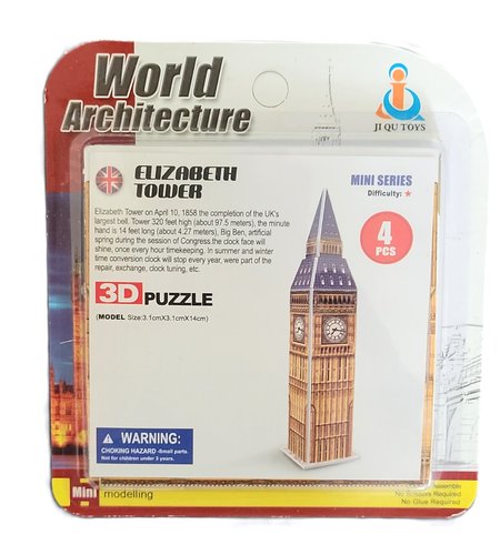 Neue Originalverpackung des World Architecture Mini Serie 3D-Puzzles des Elizabeth Towers Big Ben in London von Ji Qu Toys mit 4 Teilen.