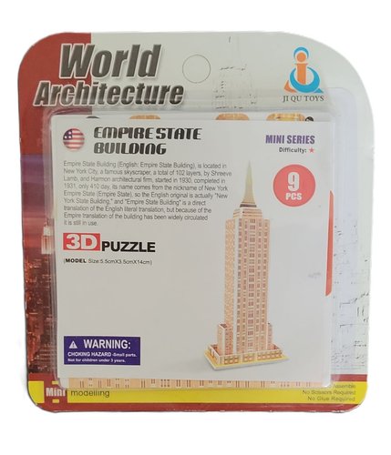 Neue Originalverpackung des World Architecture Mini Serie 3D-Puzzles des Empire State Buildings in New York von Ji Qu Toys mit 9 Teilen.