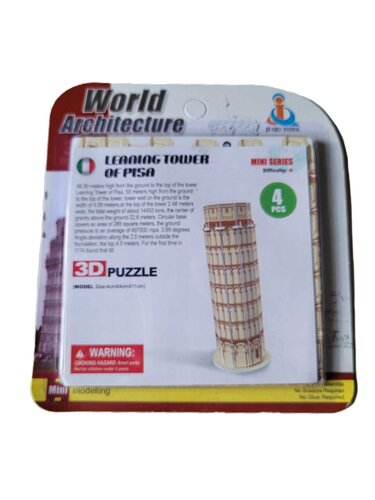 Neue Originalverpackung des World Architecture Mini Serie 3D-Puzzles des Schiefen Turms von Pisa von Ji Qu Toys mit 4 Teilen.