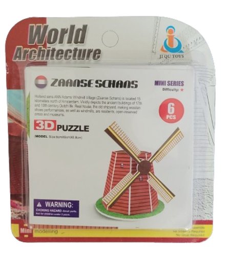Neue Originalverpackung des World Architecture Mini Serie 3D-Puzzles einer traditionellen Windmühle aus Zaanse Schans von Ji Qu Toys mit 6 Teilen.