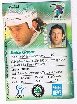 DEL Playerkarte 1999/00  Enrico Ciccone Moskitos Essen