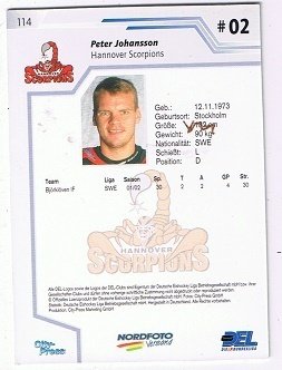 Playerkarte 2002/2003 Peter Johansson Scorpions