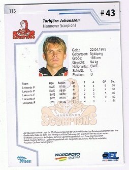 2002/2003 Playerkarte Torbjörn Johansson Scorpions