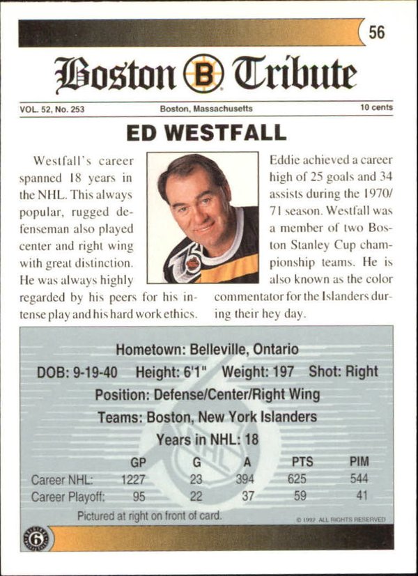 1991-92 ULTIMATE ORIG. SIX #56 ED WESTFALL