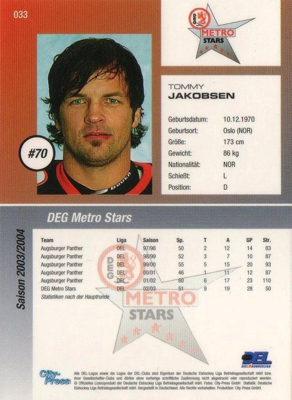 Playerkarte 2003-04 Tommy Jakobsen Düsseldorfer Metro Stars