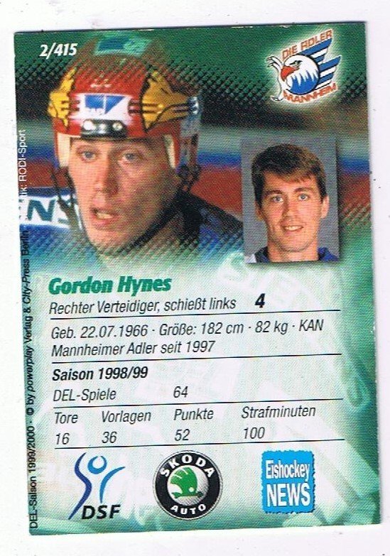 DEL 1999/00 Playerkarte Gordon Hynes Adler Mannheim