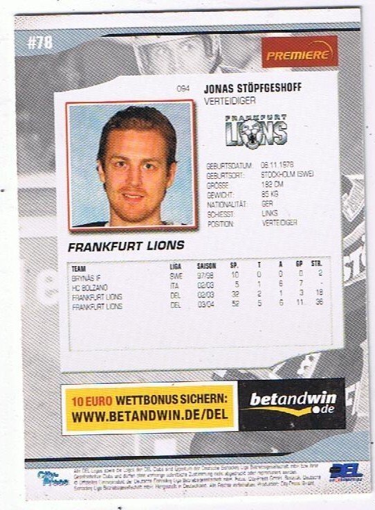 DEL Playerkarte Jonas Stöpfgeshoff Frankfurt Lions