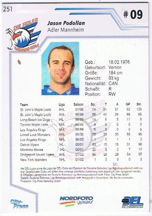 DEL Playerkarte 2002/2003 Jason Podollan Adler Manheim