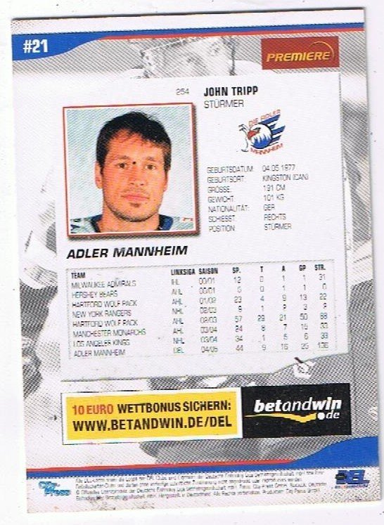 DEL Playerkarte John Tripp Adler Mannheim