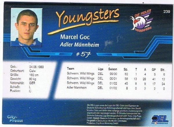 DEL Playerkarte Marcel Goc Adler Manheim Youngsters
