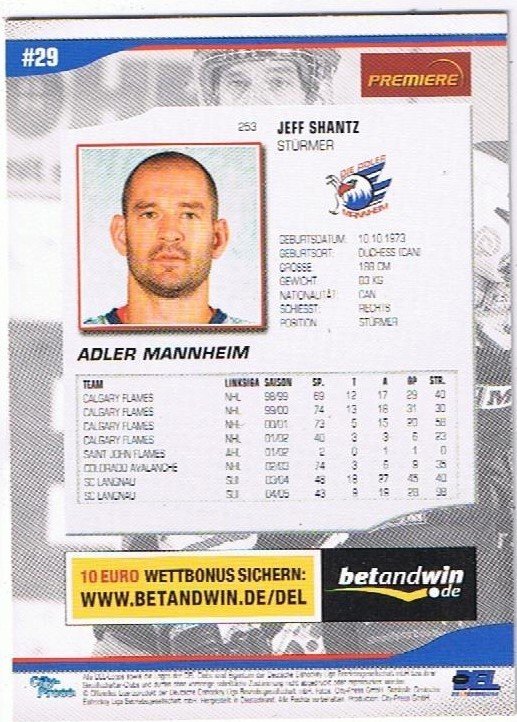 DEL Playerkarte Jeff Shantz Adler Mannheim