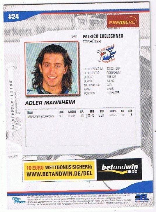 DEL Playerkarte Patrick Ehelechner Adler Mannheim