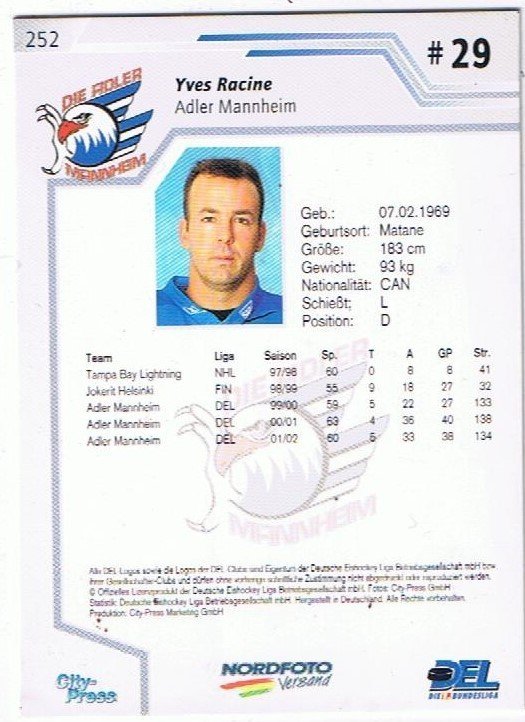 DEL Playerkarte Yves Racine Adler Manheim