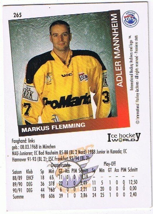1995/96 Playerkarte Markus Flemming Adler Mannheim
