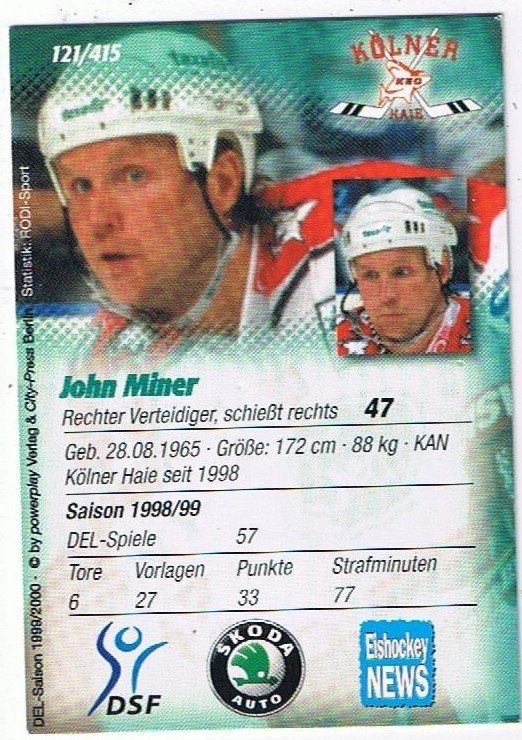 DEL Playerkarte John Miner Kölner Haie