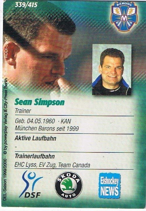 Playerkarte Sean Simpson München Barrons