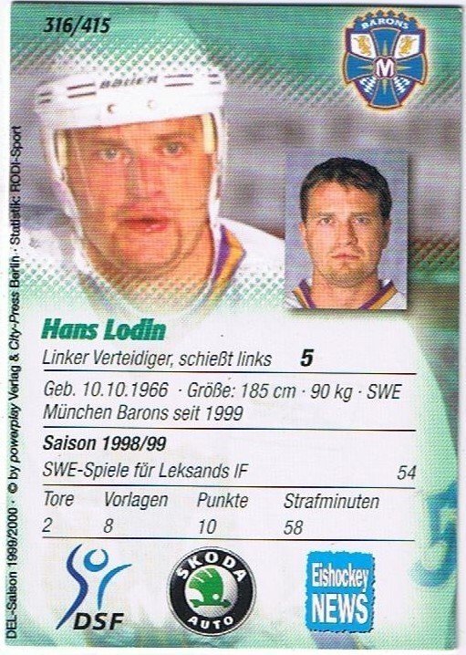DEL Playerkarte 1999/2000 Hans Lodin München Barons