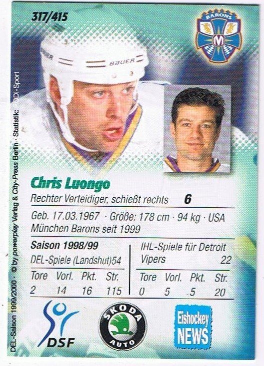 DEL 1999/2000 Playerkarte Chris Luongo München Barons