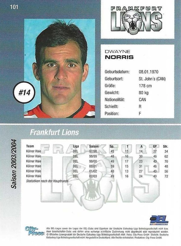 DEL Playerkarte 2003-04 Dwayne Norris Frankfurt Lions