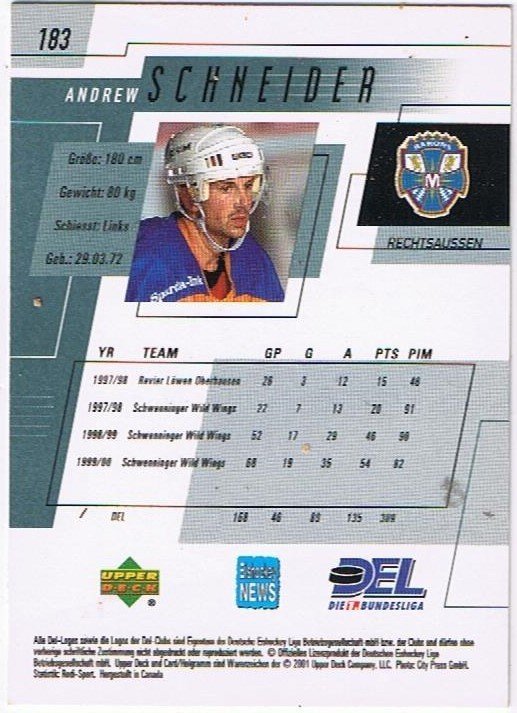 DEL Playerkarte 2000/01 Andrew Schneider München Barons