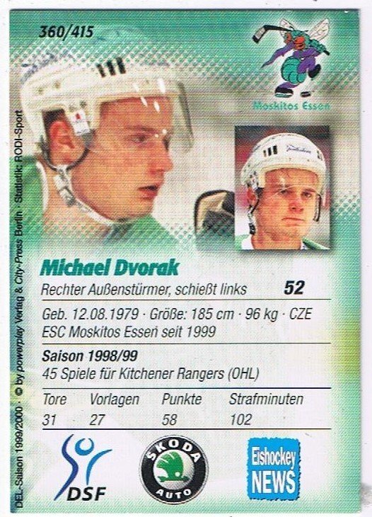 DEL Playerkarte 1999/00 Michael Dvorak Moskitos Essen