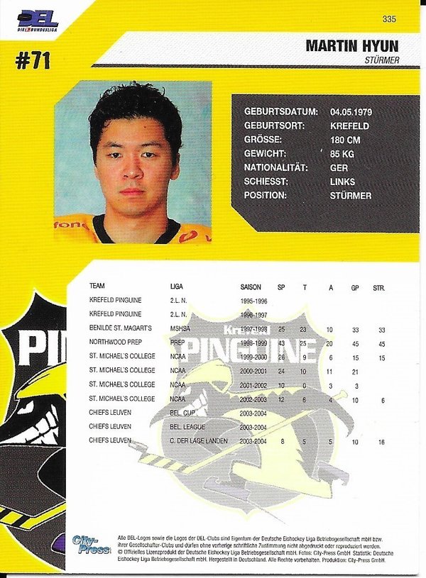 Playerkarte 2004-2005 Martin Hyun Krefeld Pinguine
