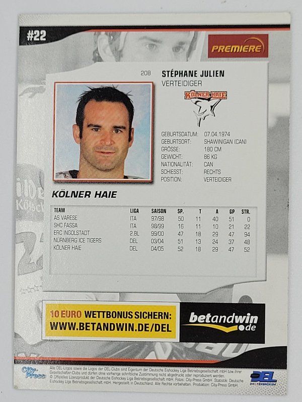 DEL Playerkarte City Press 2005/2006 Stephane Julien Kölner Haie #208