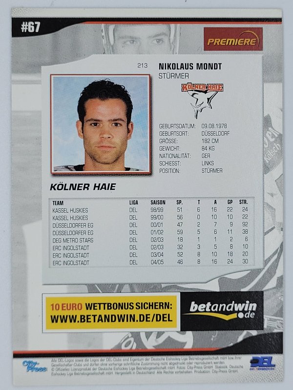 DEL Playerkarte City Press 2005/06 Nikolaus Mondt Kölner Haie #213