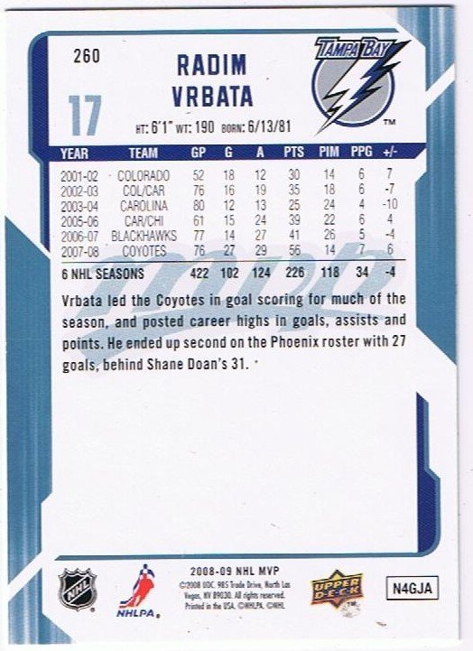 Upper Deck MVP 2008/2009 Radim Vrbata Lightning