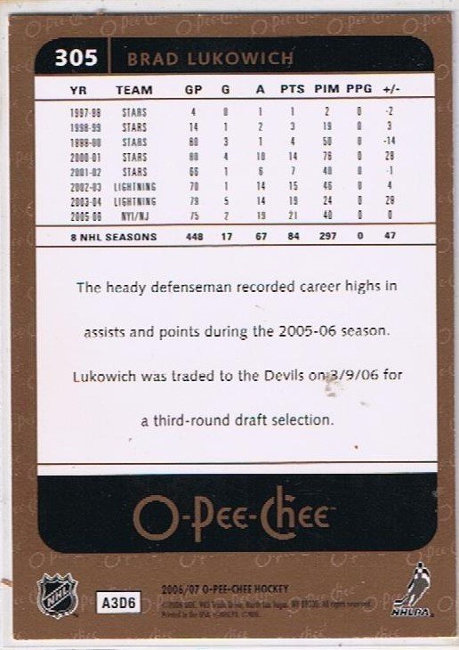 O-Pee-Chee 2006/07 Brad Lukowich Devils